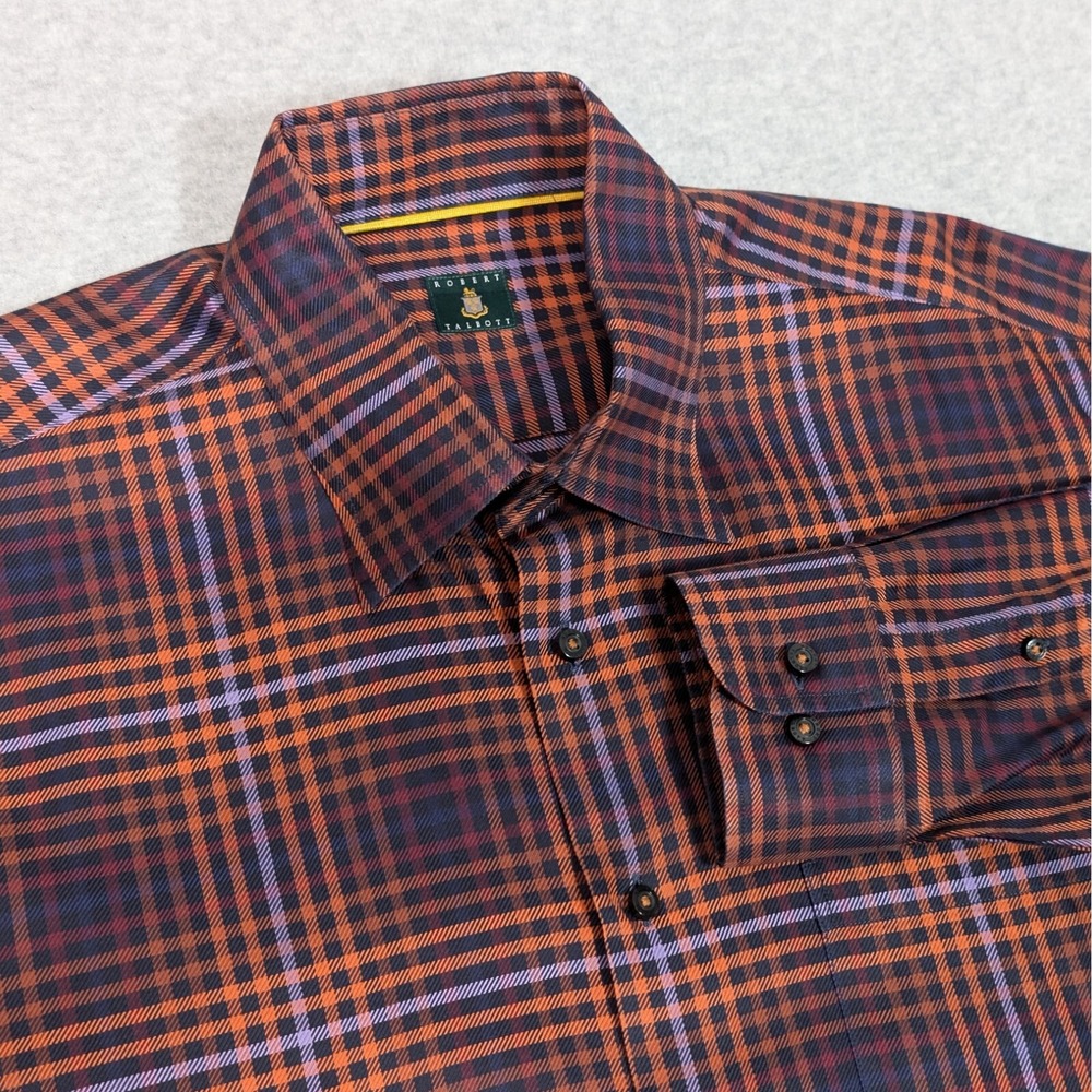 Robert Talbott Button Down Shirt Mens XL Long Sleeve Orange/Black Plaid